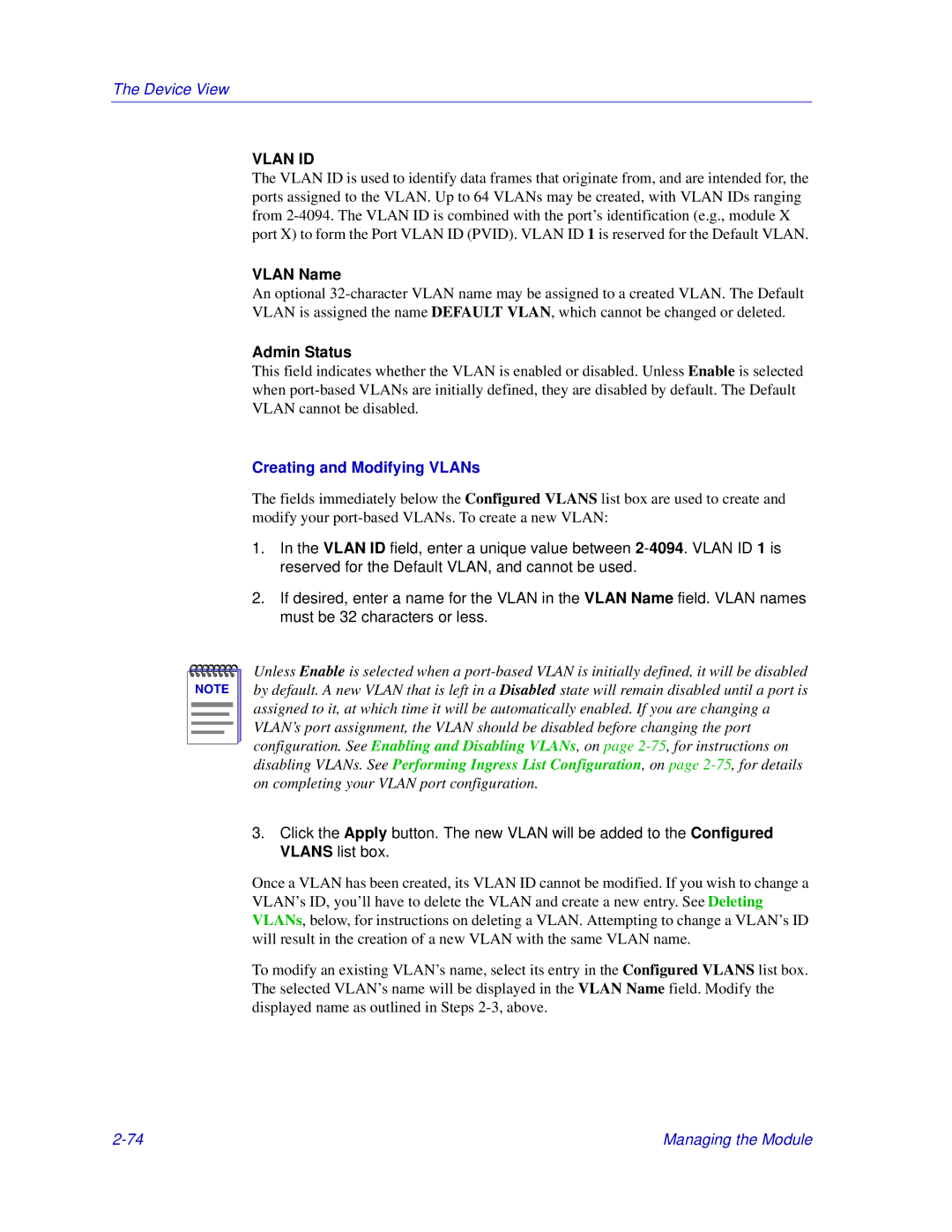 Enterasys Networks Matrix E7, 6000 manual Vlan Name, Admin Status, Creating and Modifying VLANs 