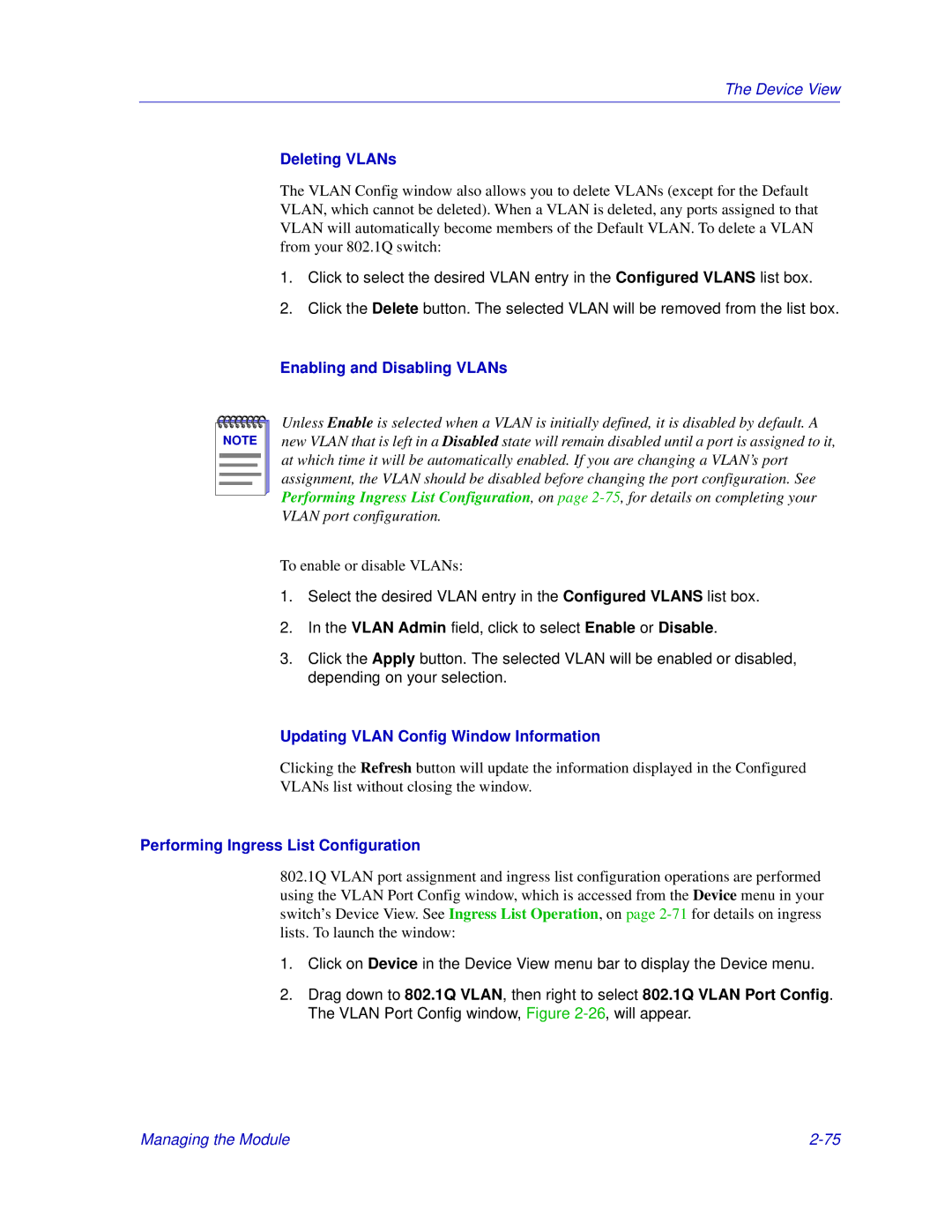 Enterasys Networks 6000, Matrix E7 Deleting VLANs, Enabling and Disabling VLANs, Updating Vlan Config Window Information 