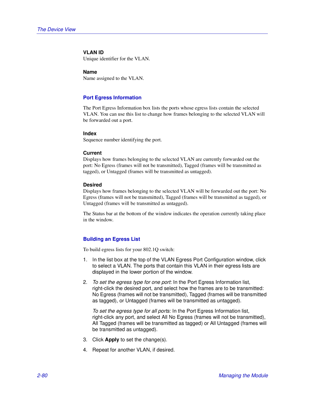 Enterasys Networks Matrix E7, 6000 manual Name, Port Egress Information, Current, Desired, Building an Egress List 