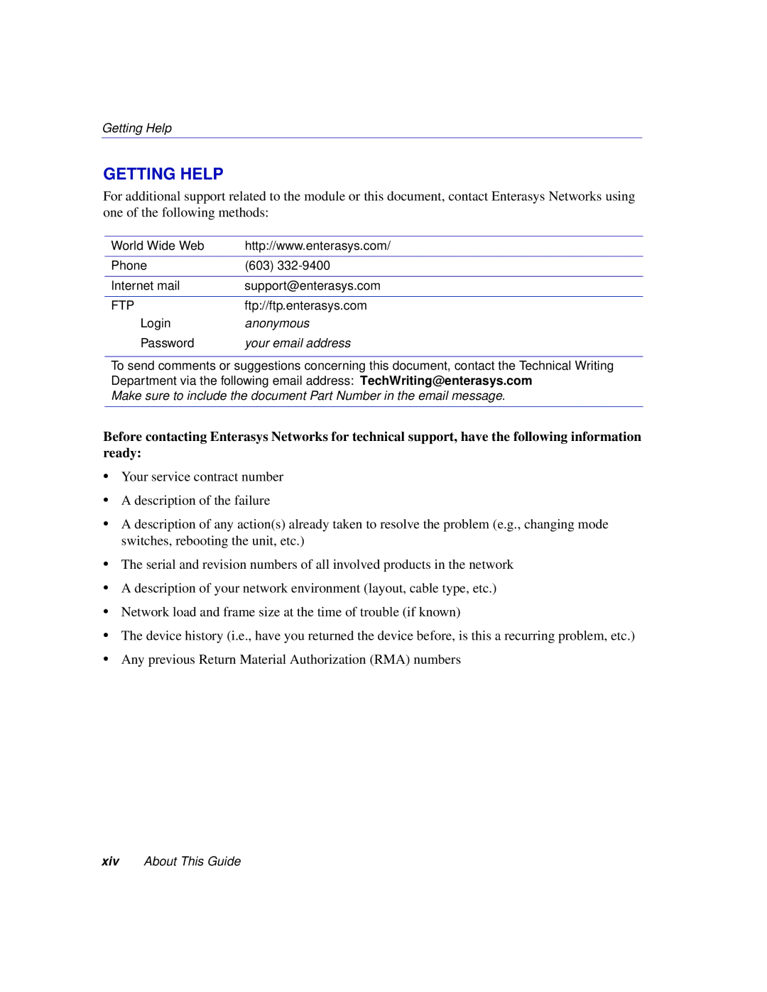 Enterasys Networks 6H302-48 manual Getting Help, Your email address 