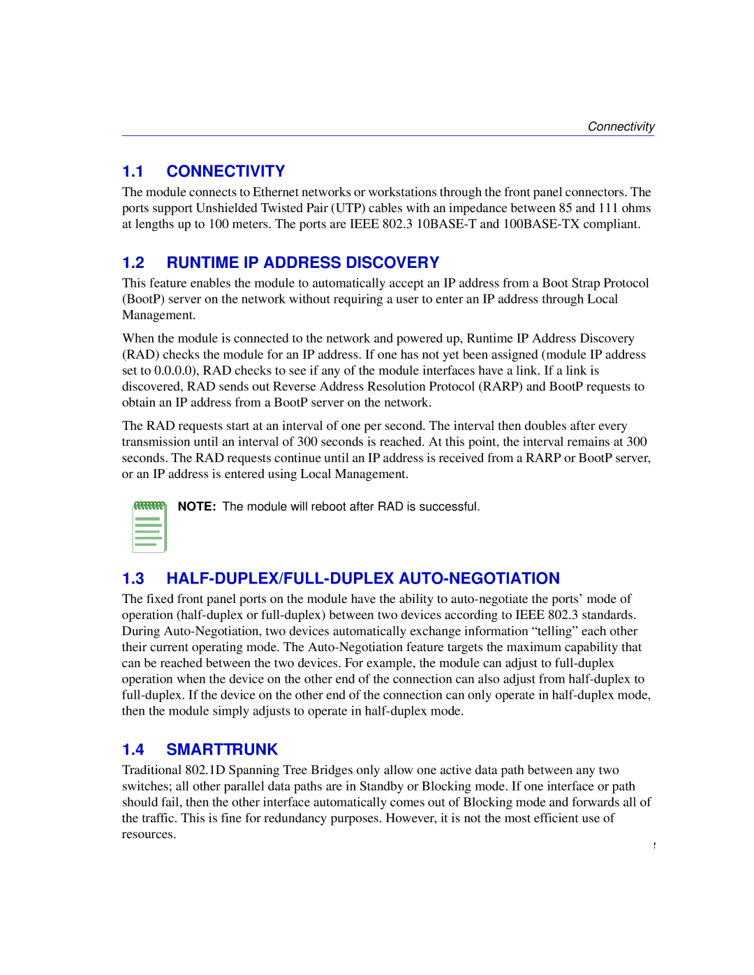 Enterasys Networks 6H302-48 manual Connectivity, Runtime IP Address Discovery, Half-Duplex/Full-Duplex Auto-Negotiation 