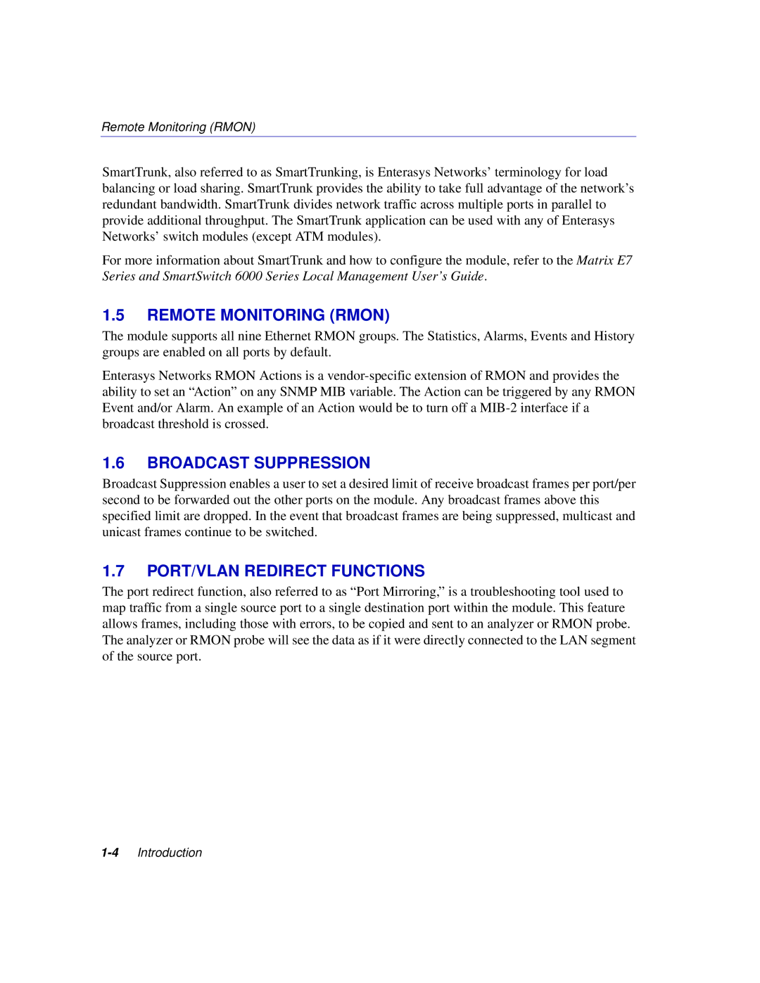 Enterasys Networks 6H302-48 manual Remote Monitoring Rmon, Broadcast Suppression, PORT/VLAN Redirect Functions 