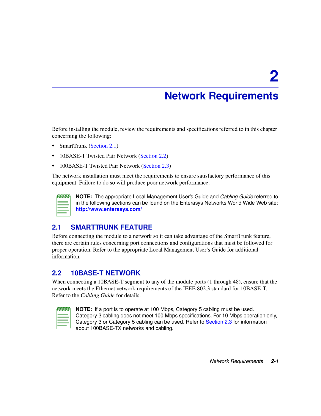 Enterasys Networks 6H302-48 manual Network Requirements, Smarttrunk Feature, 10BASE-T Network 