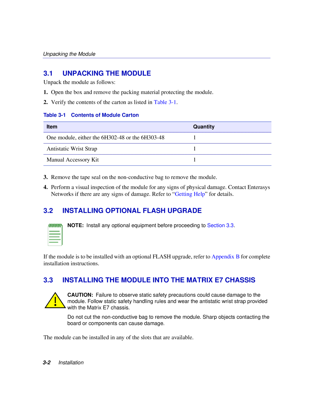 Enterasys Networks 6H302-48 manual Unpacking the Module, Installing Optional Flash Upgrade 