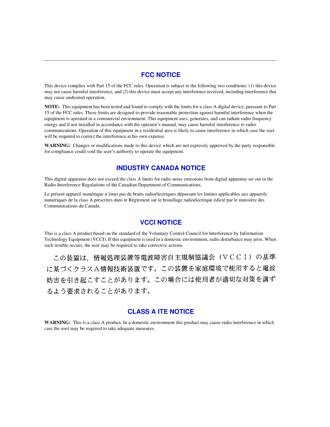 Enterasys Networks 6H302-48 manual FCC Notice, Industry Canada Notice, Vcci Notice, Class a ITE Notice 