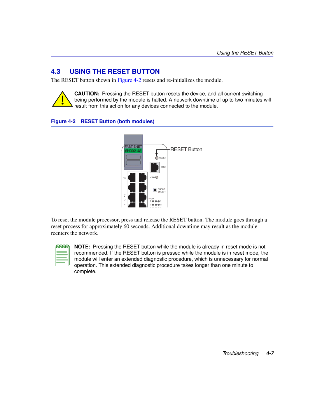 Enterasys Networks 6H302-48 manual Using the Reset Button, Reset Button both modules 