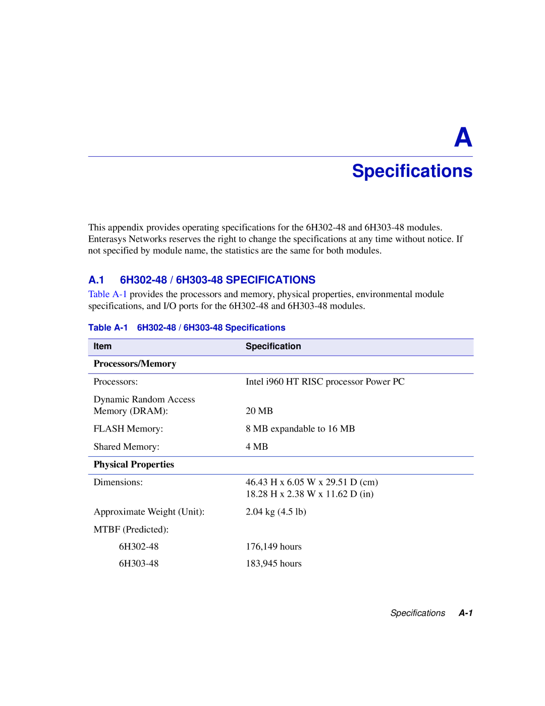 Enterasys Networks manual 6H302-48 / 6H303-48 Specifications 