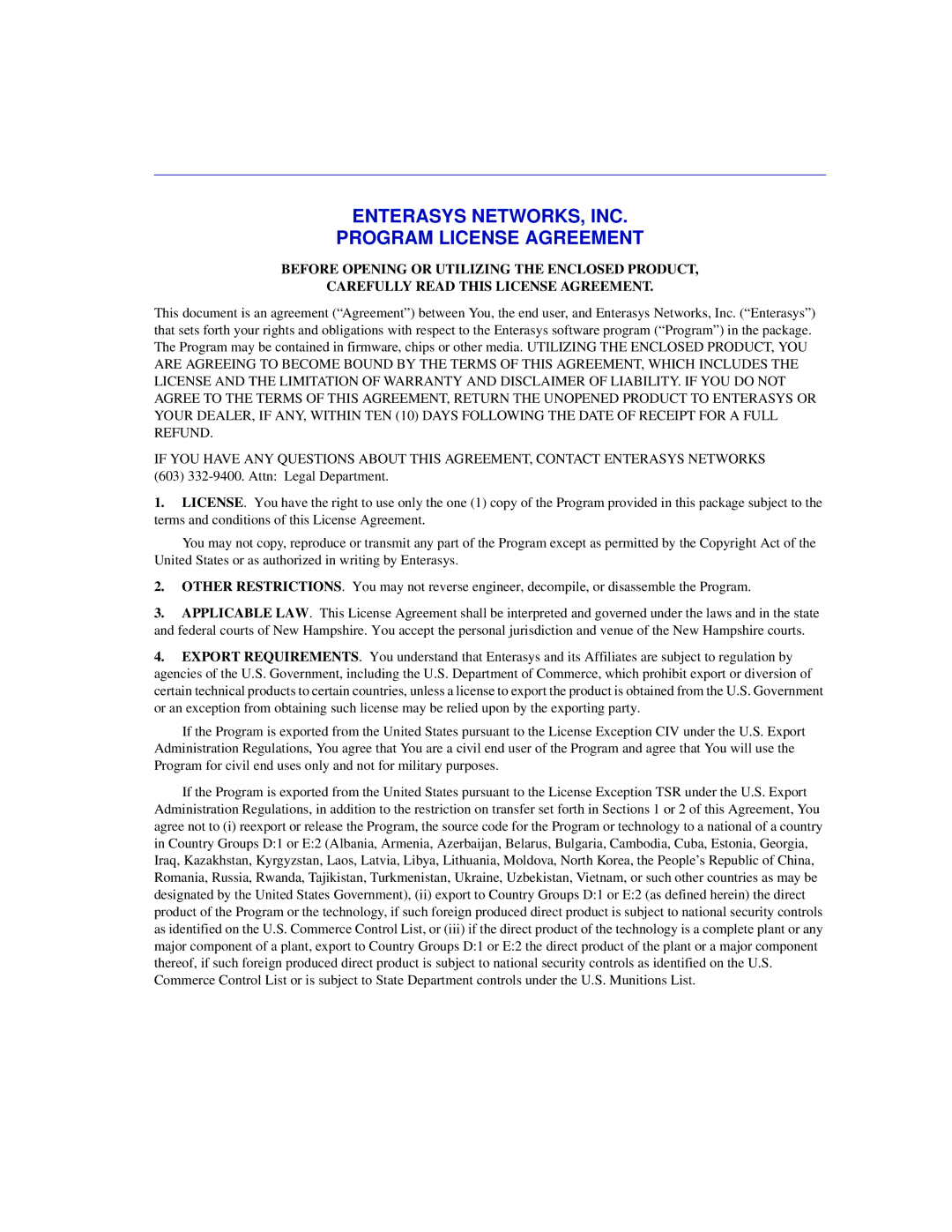 Enterasys Networks 6H302-48 manual Enterasys NETWORKS, INC Program License Agreement 