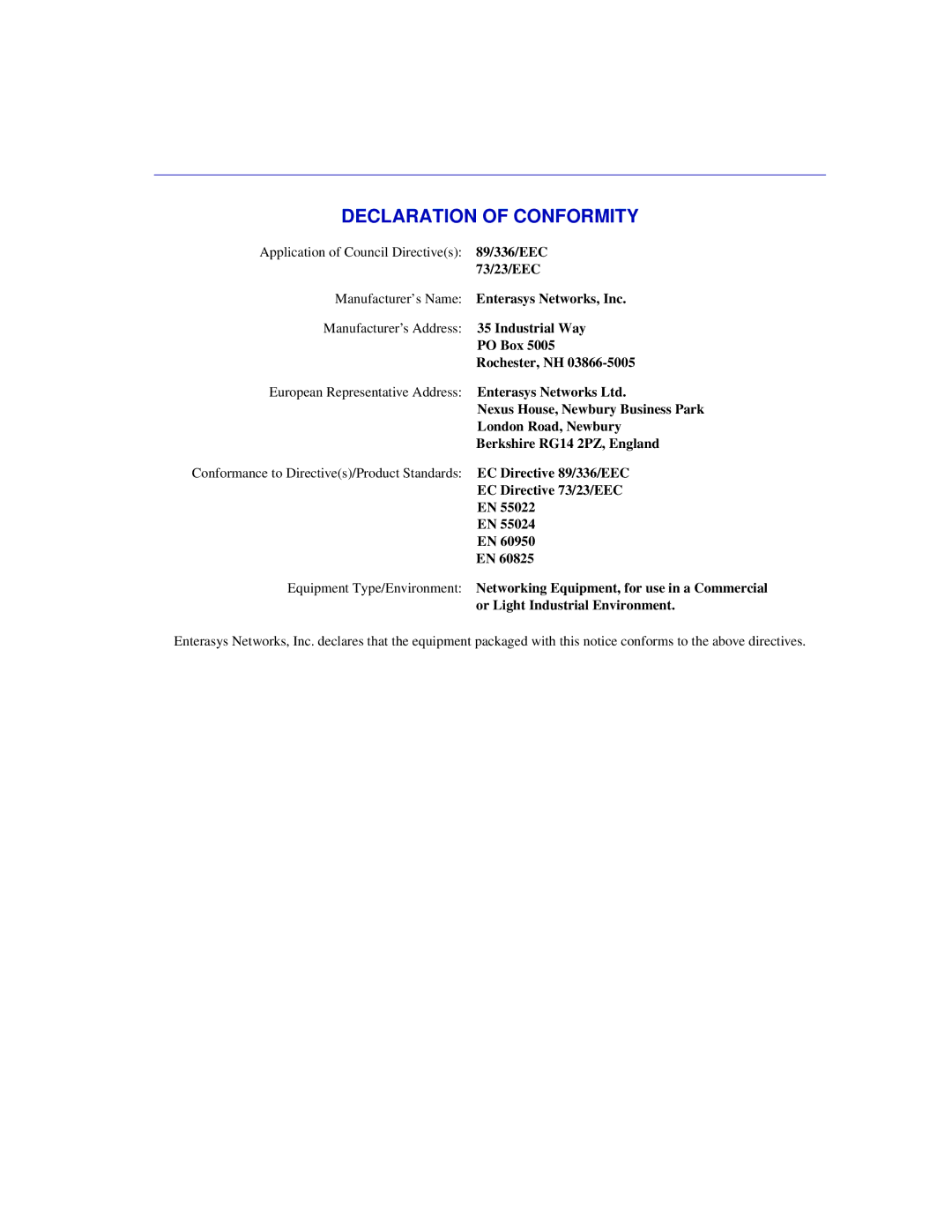 Enterasys Networks 6H302-48 manual Declaration of Conformity 