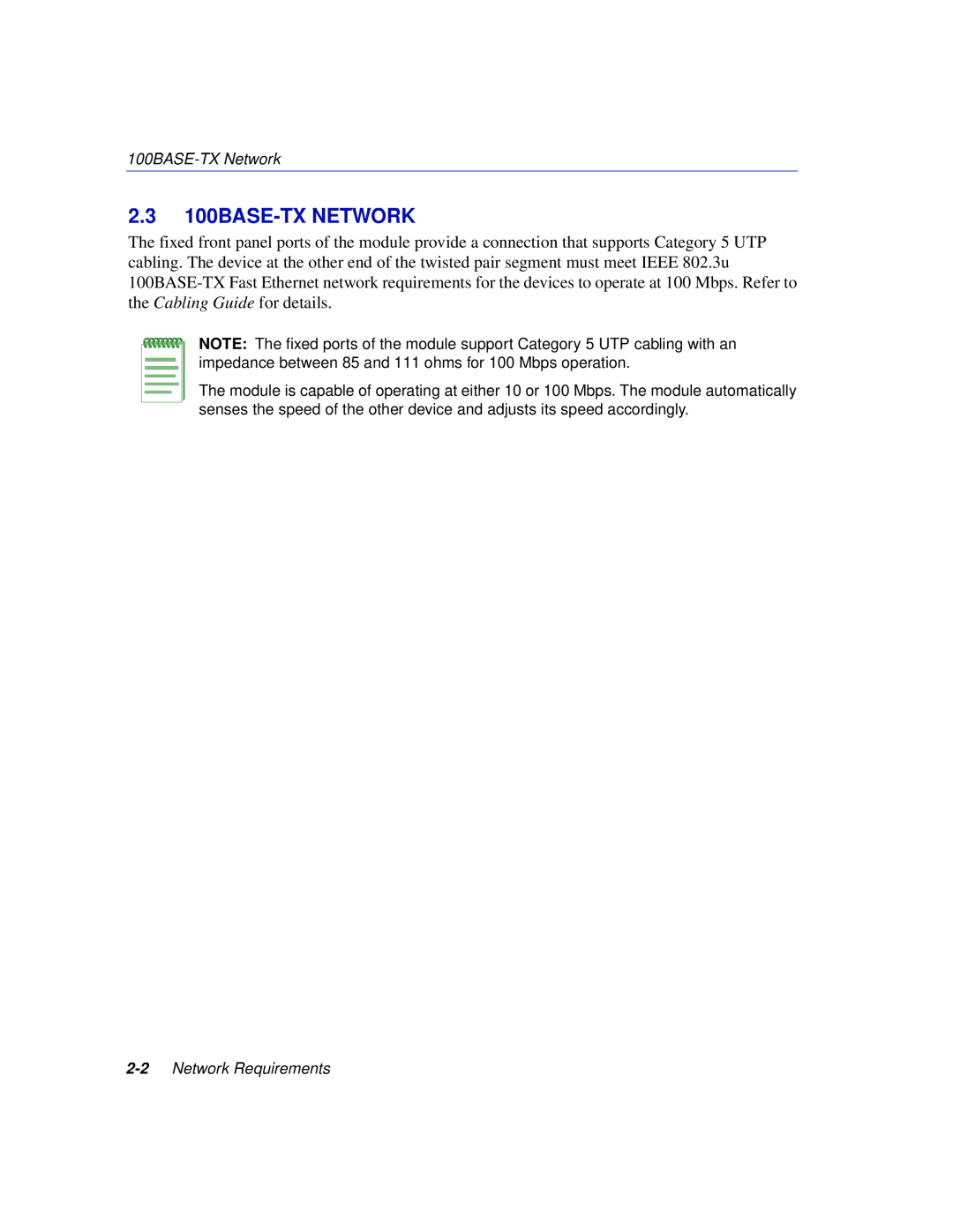 Enterasys Networks 6H302-48 manual 2.3 100BASE-TX NETWORK, 100BASE-TX Network, Network Requirements 