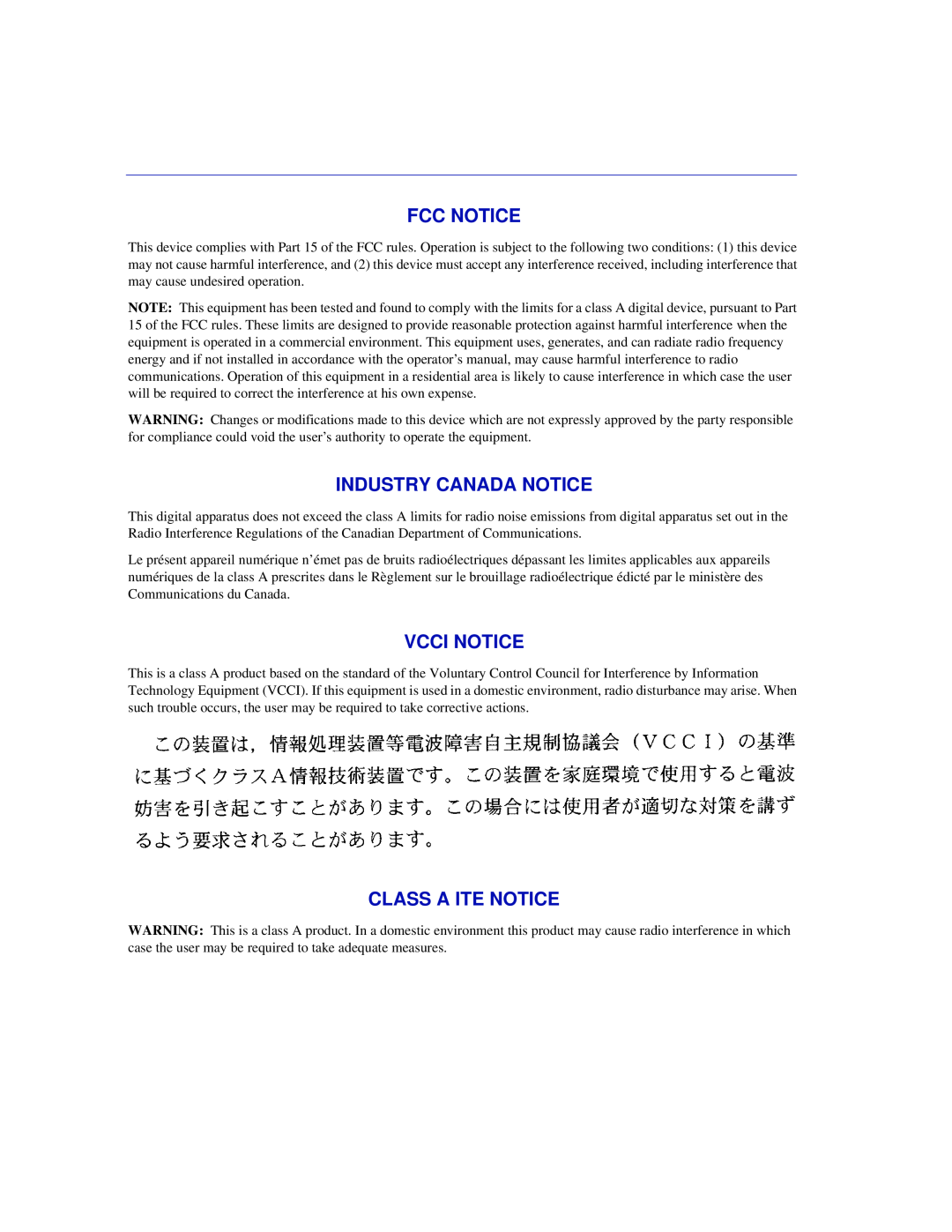 Enterasys Networks 6H302-48 manual Fcc Notice, Industry Canada Notice, Vcci Notice, Class A Ite Notice 