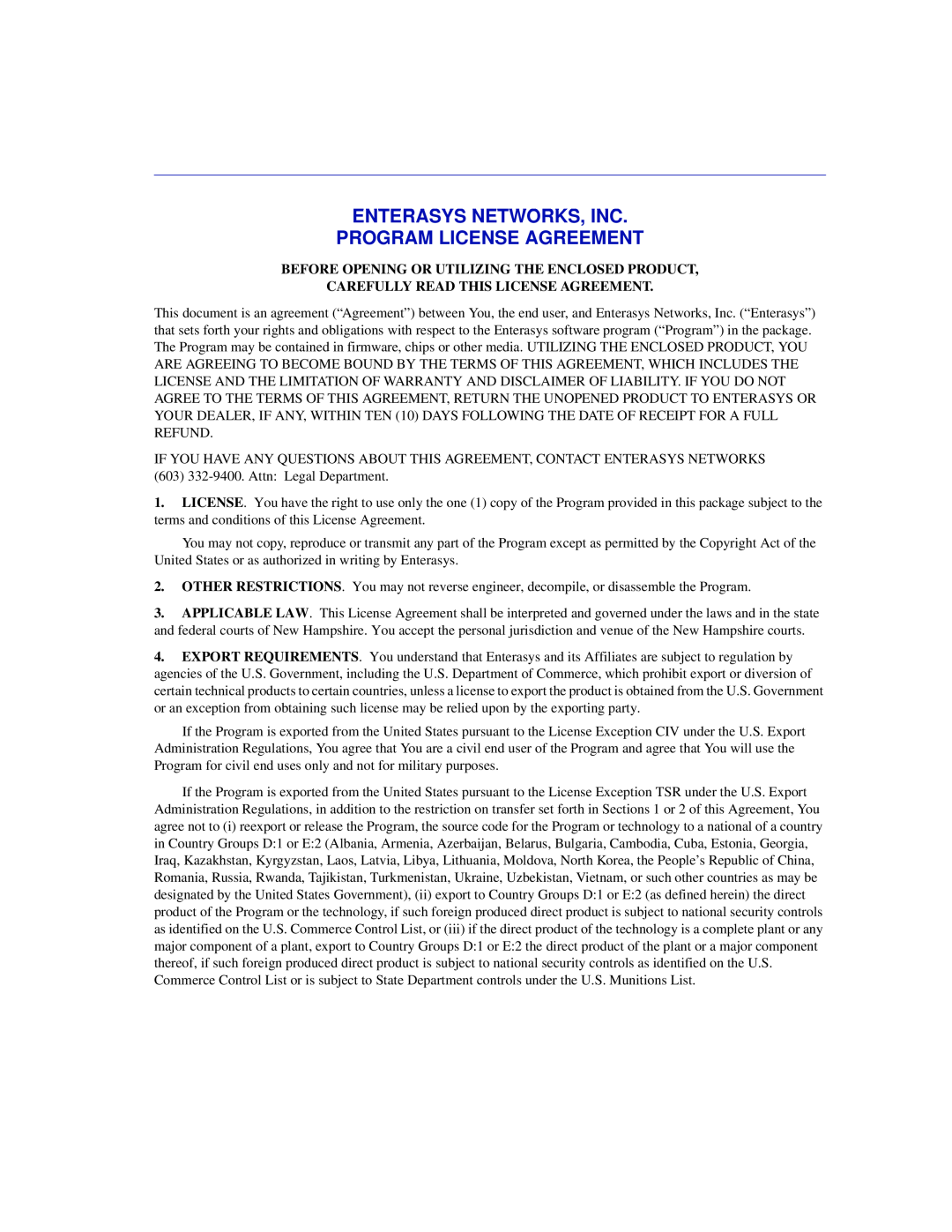 Enterasys Networks 6H302-48 manual Enterasys Networks, Inc Program License Agreement, Carefully Read This License Agreement 