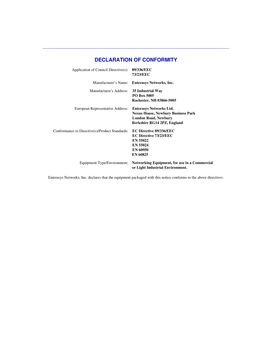 Enterasys Networks 6H302-48 manual Declaration Of Conformity 