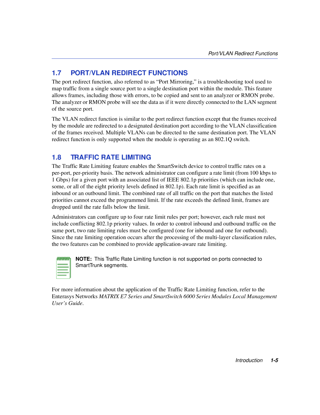 Enterasys Networks 6H308-48, 6H308-24 manual PORT/VLAN Redirect Functions, Traffic Rate Limiting 