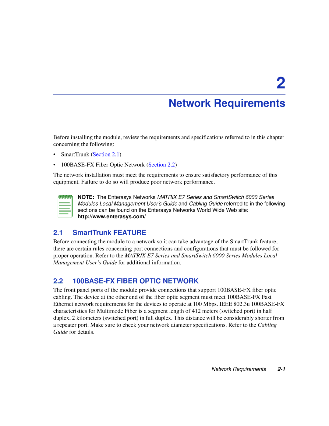 Enterasys Networks 6H308-48, 6H308-24 manual Network Requirements, 100BASE-FX Fiber Optic Network 