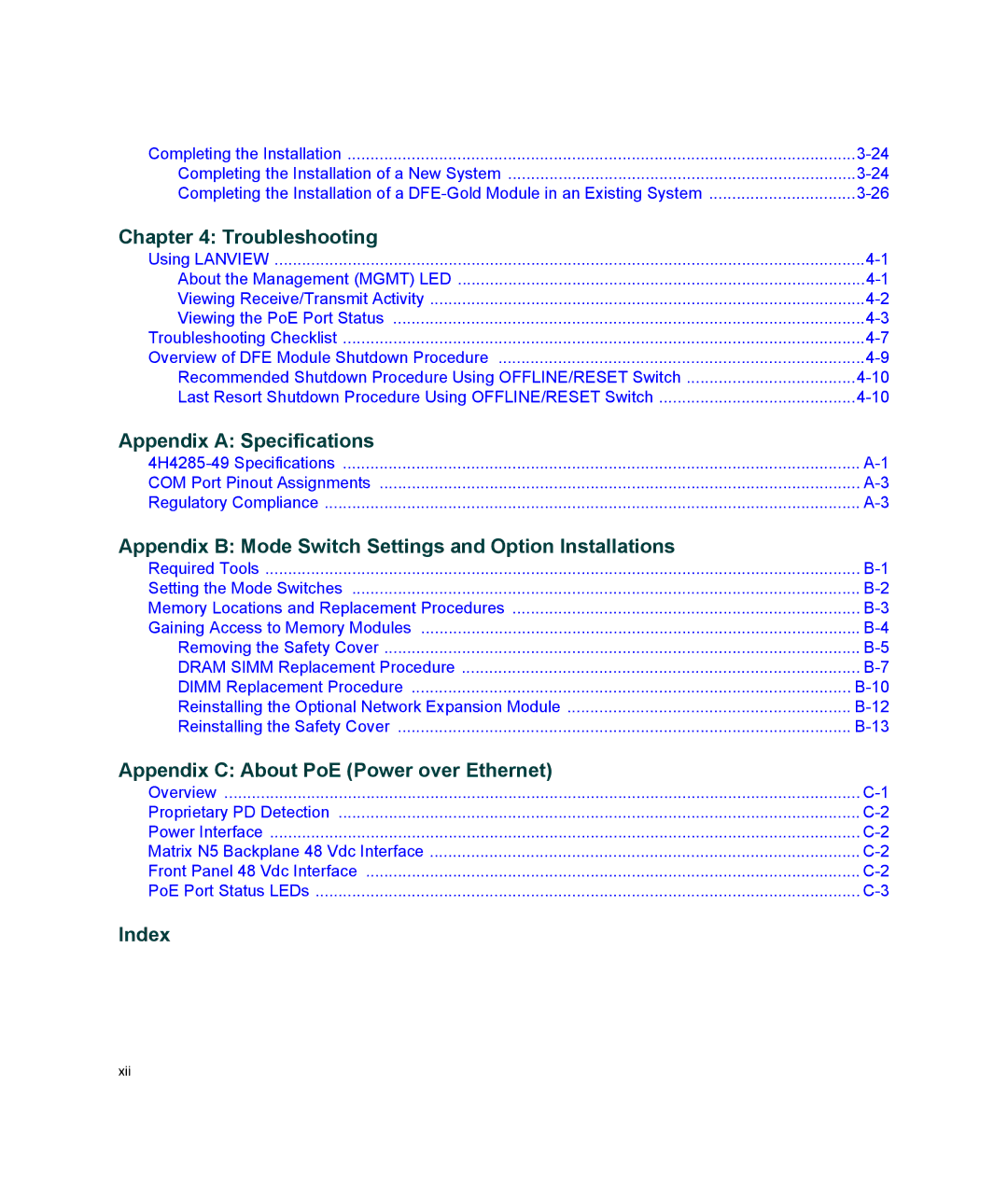 Enterasys Networks 9033989-06 Troubleshooting, Appendix a Specifications, Appendix C About PoE Power over Ethernet, Index 