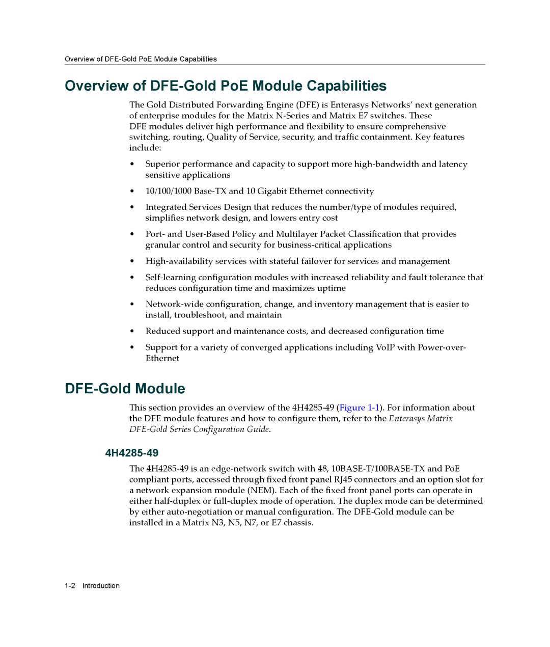 Enterasys Networks 4H4285-49, 6H308-48, 9033989-06 manual Overview of DFE-Gold PoE Module Capabilities, DFE-Gold Module 