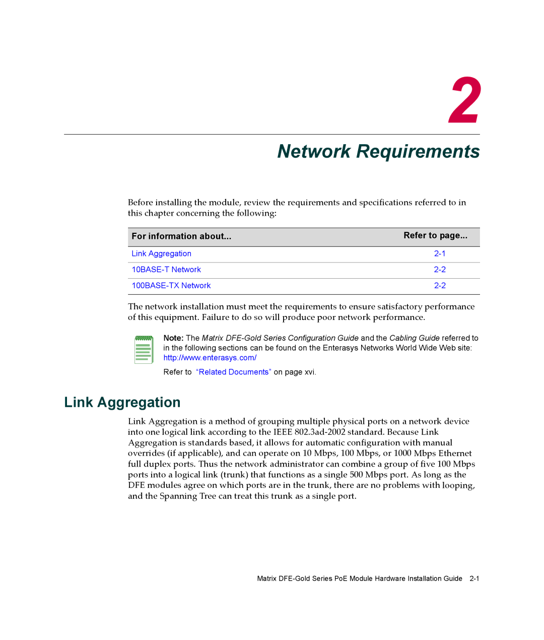 Enterasys Networks 6H308-48, 4H4285-49, 9033989-06 manual Network Requirements, Link Aggregation 