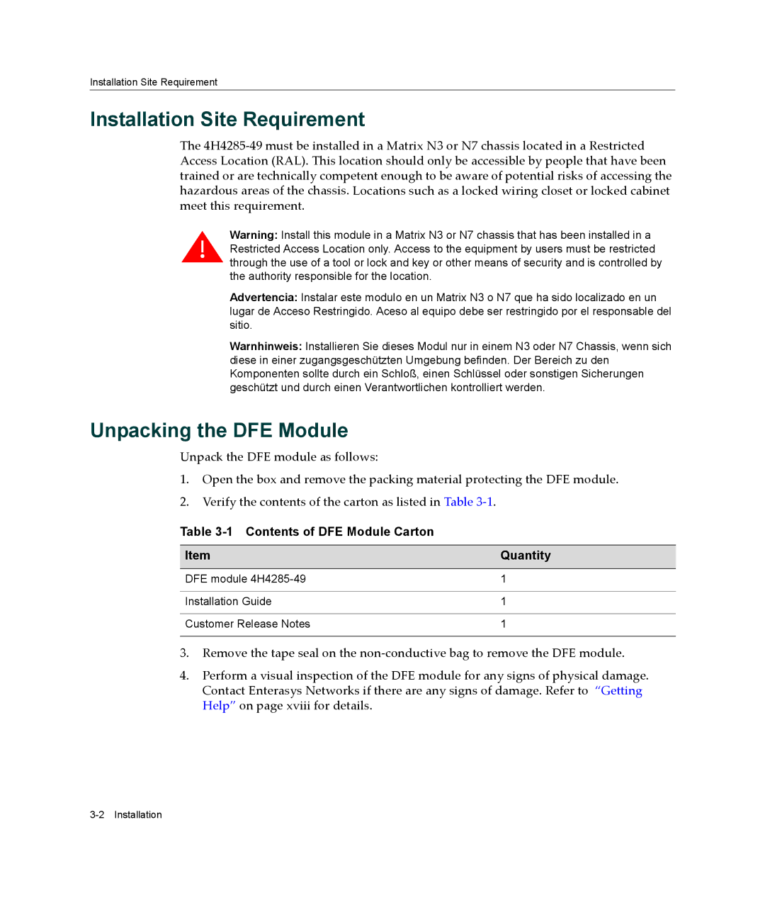 Enterasys Networks 6H308-48, 4H4285-49, 9033989-06 manual Installation Site Requirement, Unpacking the DFE Module 