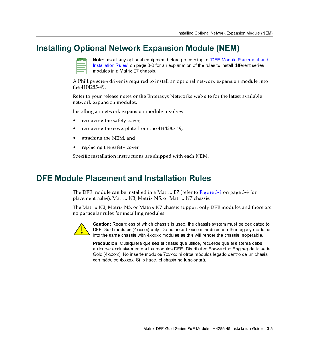 Enterasys Networks 4H4285-49 Installing Optional Network Expansion Module NEM, DFE Module Placement and Installation Rules 