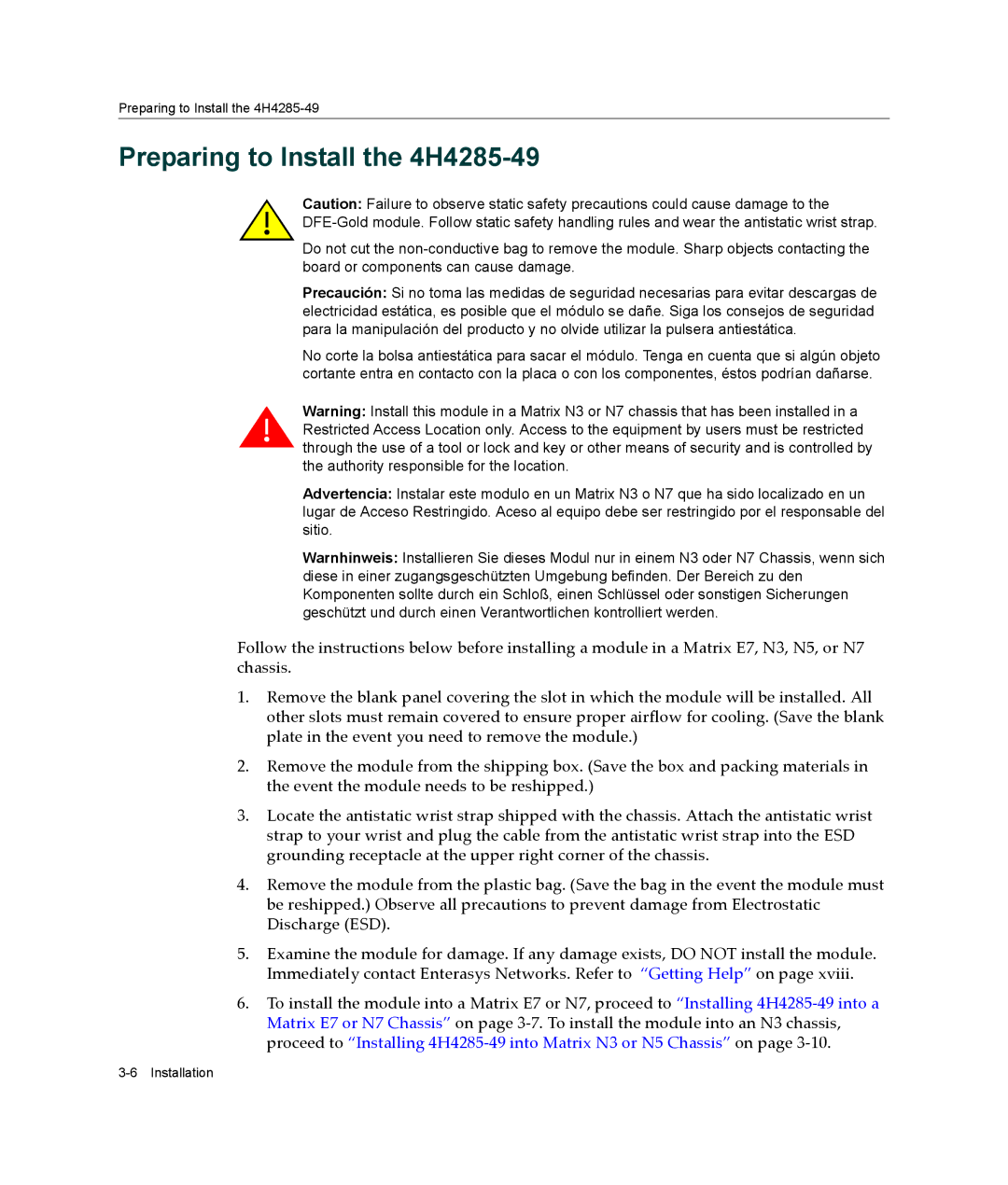 Enterasys Networks 6H308-48, 9033989-06 manual Preparing to Install the 4H4285-49 