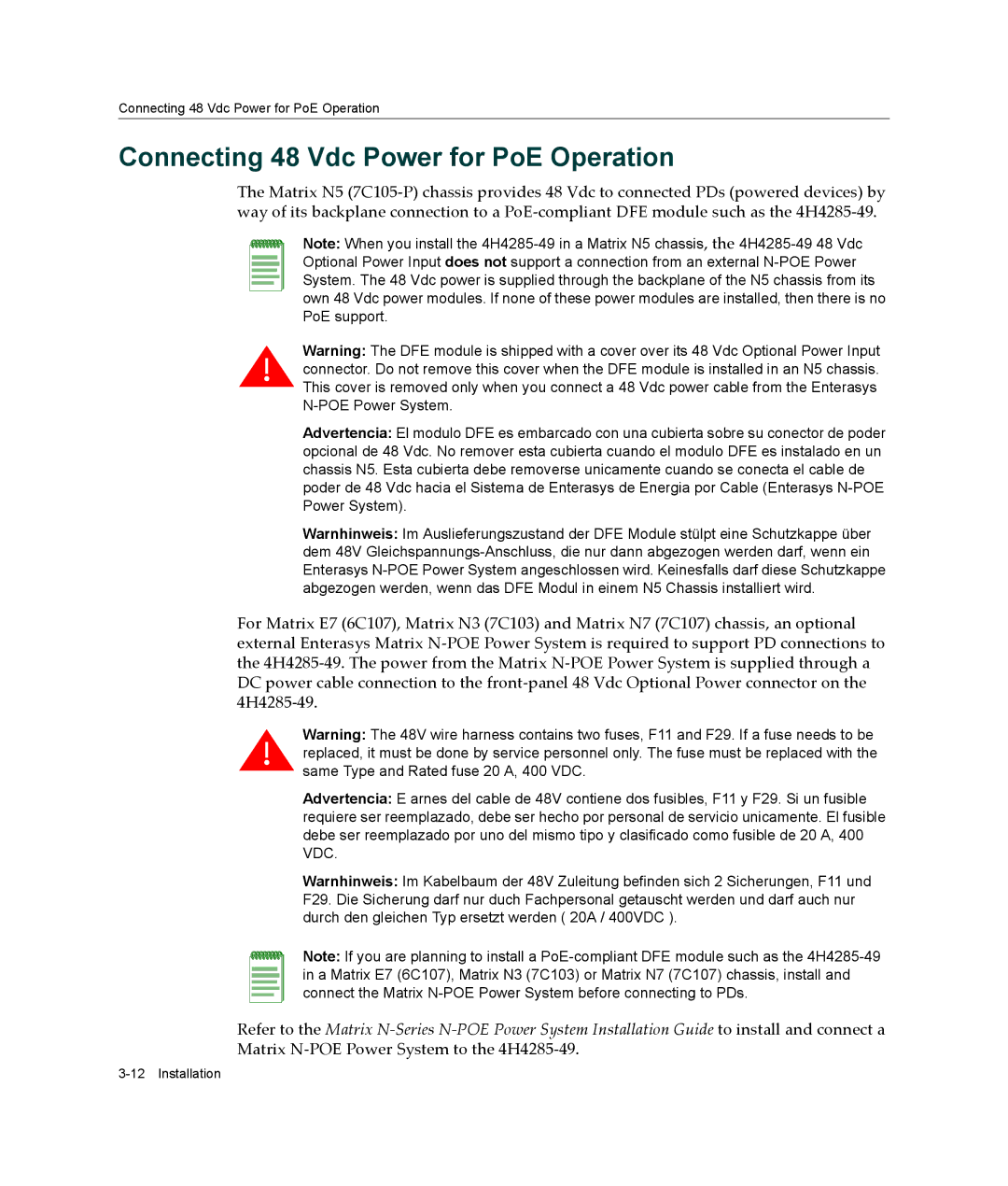 Enterasys Networks 4H4285-49, 6H308-48, 9033989-06 manual Connecting 48 Vdc Power for PoE Operation 