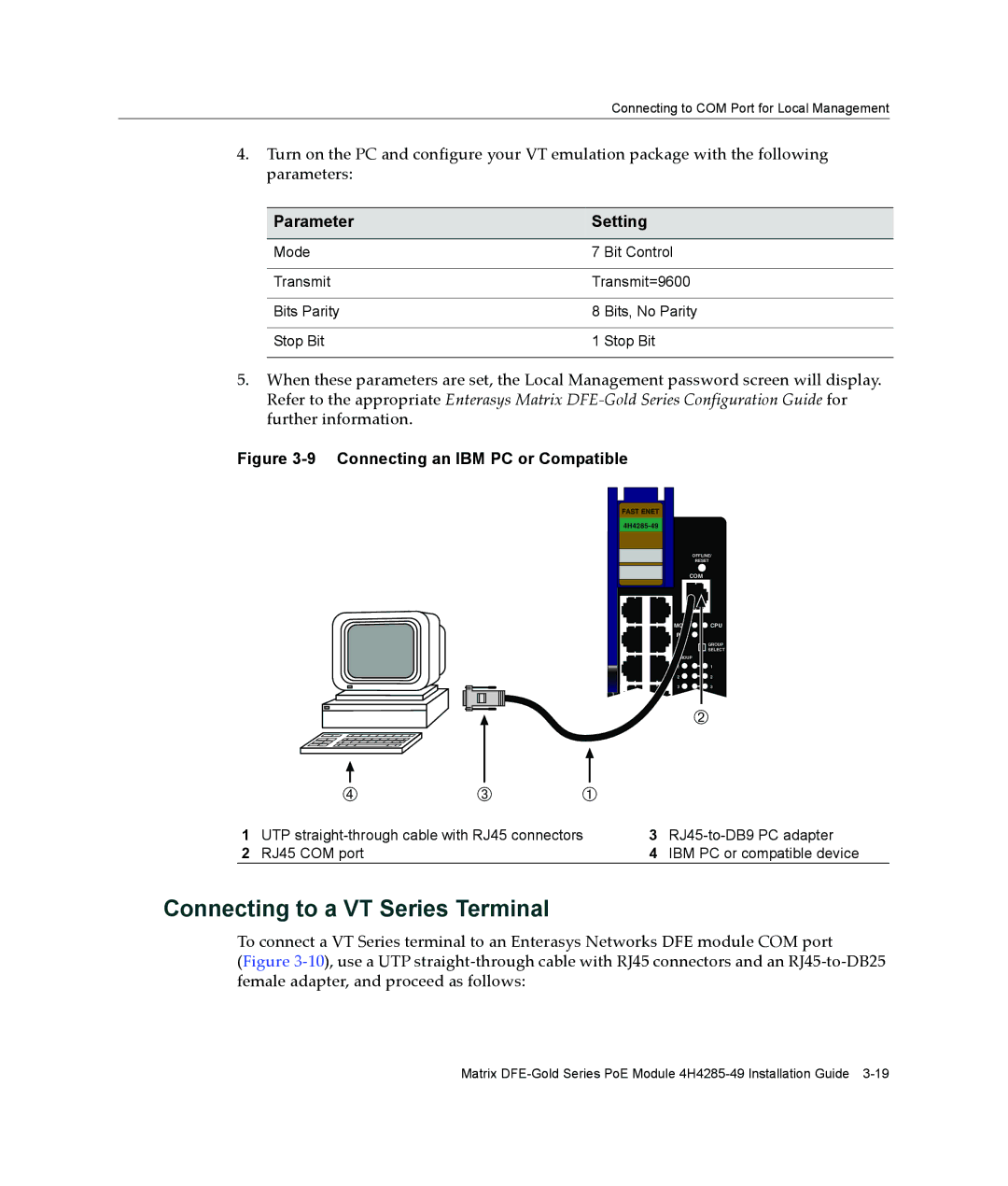 Enterasys Networks 9033989-06, 6H308-48, 4H4285-49 manual Connecting to a VT Series Terminal, Parameter Setting 