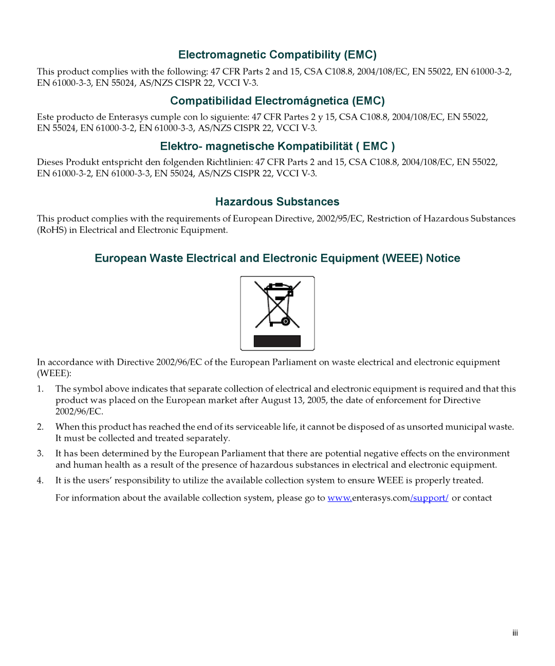 Enterasys Networks 9033989-06, 6H308-48, 4H4285-49 manual Electromagnetic Compatibility EMC 