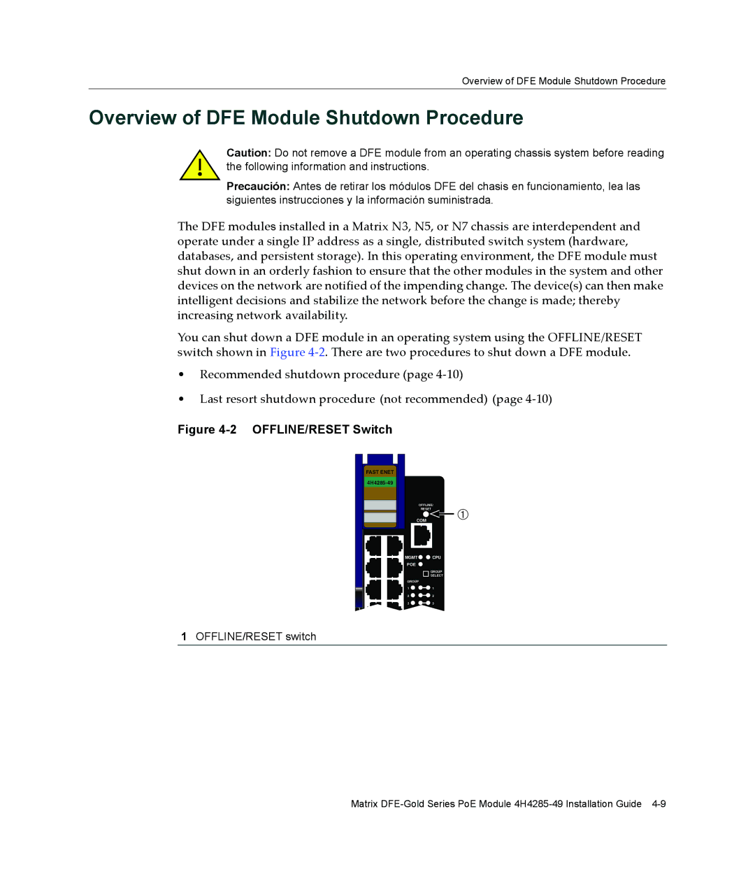 Enterasys Networks 9033989-06, 6H308-48, 4H4285-49 manual Overview of DFE Module Shutdown Procedure, OFFLINE/RESET Switch 