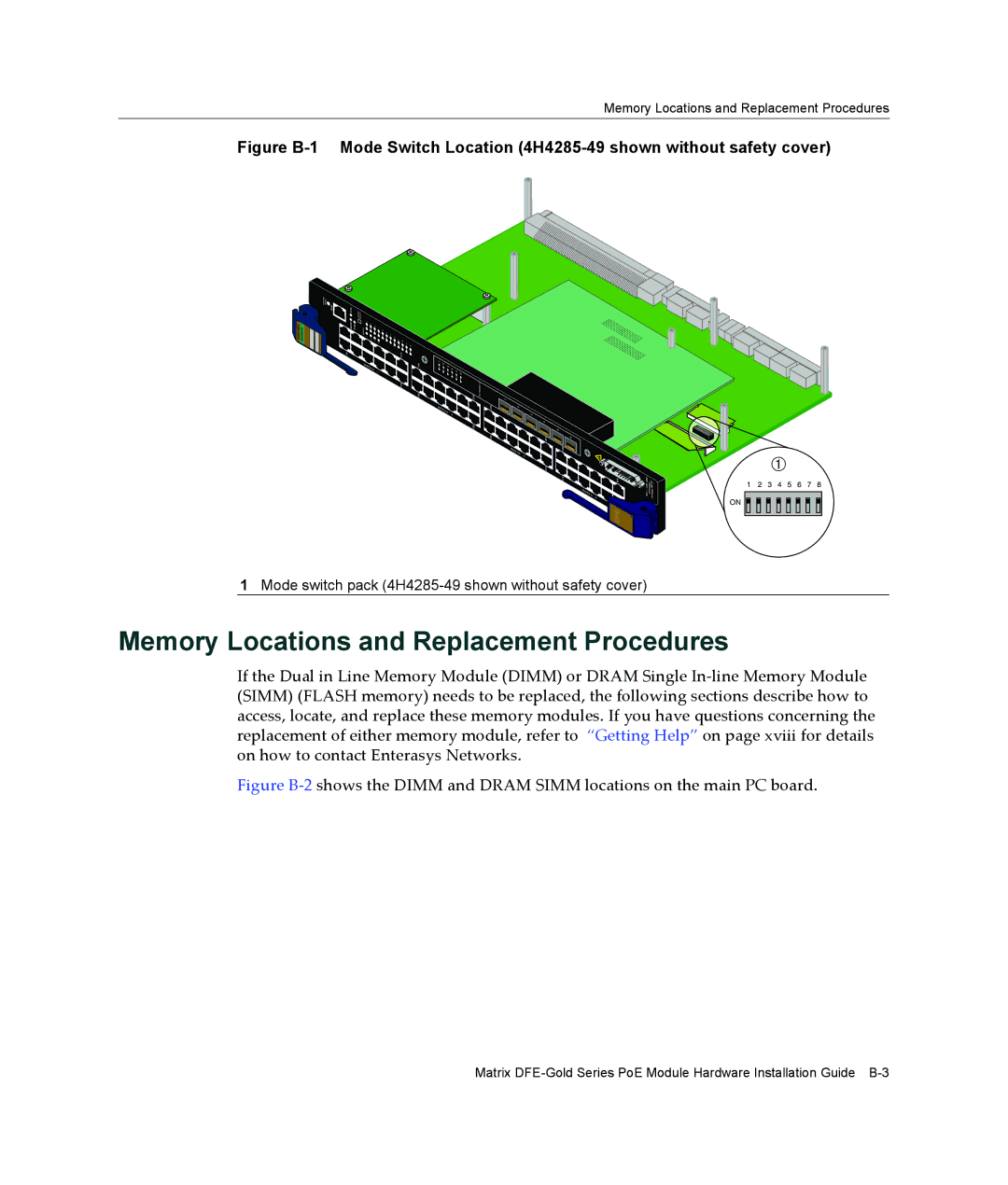 Enterasys Networks 4H4285-49, 6H308-48, 9033989-06 manual Memory Locations and Replacement Procedures 