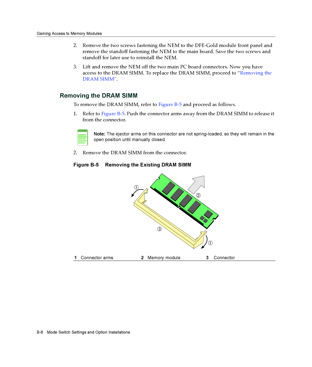 Enterasys Networks 6H308-48, 4H4285-49, 9033989-06 manual Removing the Dram Simm, Figure B-5 Removing the Existing Dram Simm 