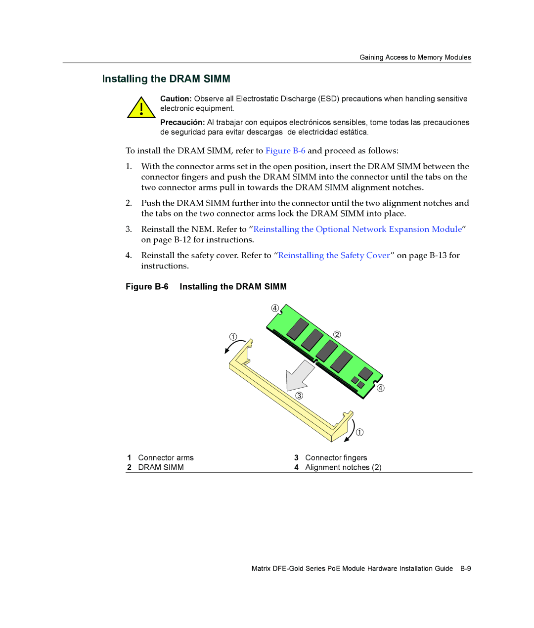 Enterasys Networks 4H4285-49, 6H308-48, 9033989-06 manual Figure B-6 Installing the Dram Simm 