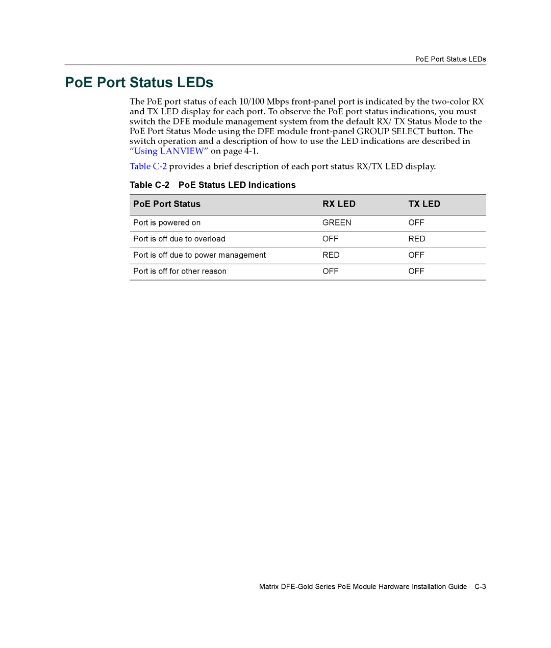 Enterasys Networks 6H308-48, 4H4285-49 manual PoE Port Status LEDs, Table C-2 PoE Status LED Indications PoE Port Status 