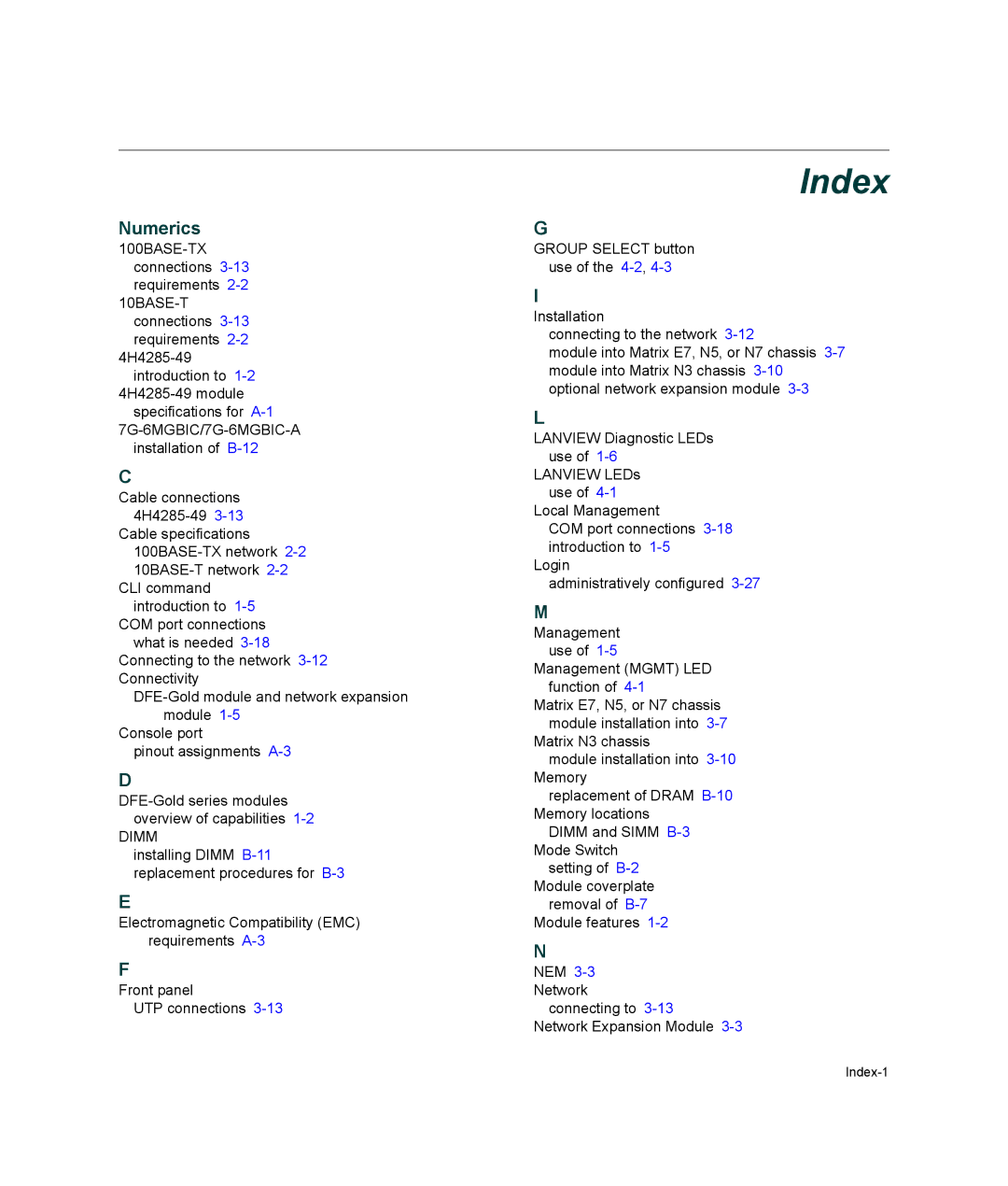 Enterasys Networks 9033989-06, 6H308-48, 4H4285-49 manual Index, Numerics 