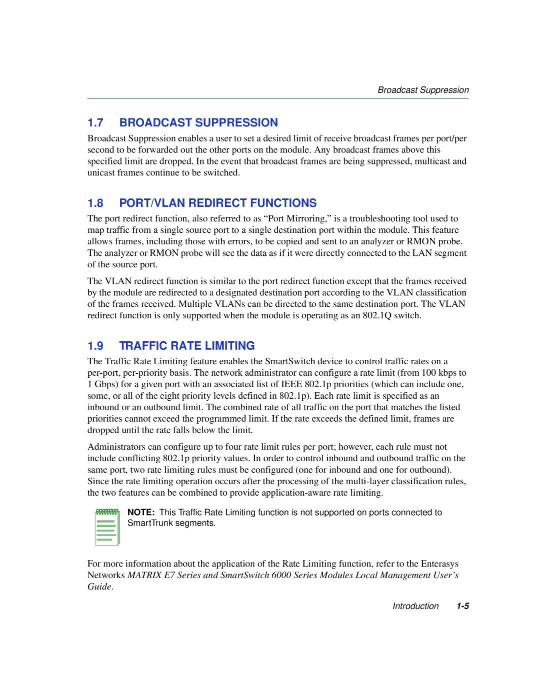 Enterasys Networks 6H352-25 manual Broadcast Suppression, PORT/VLAN Redirect Functions, Traffic Rate Limiting 