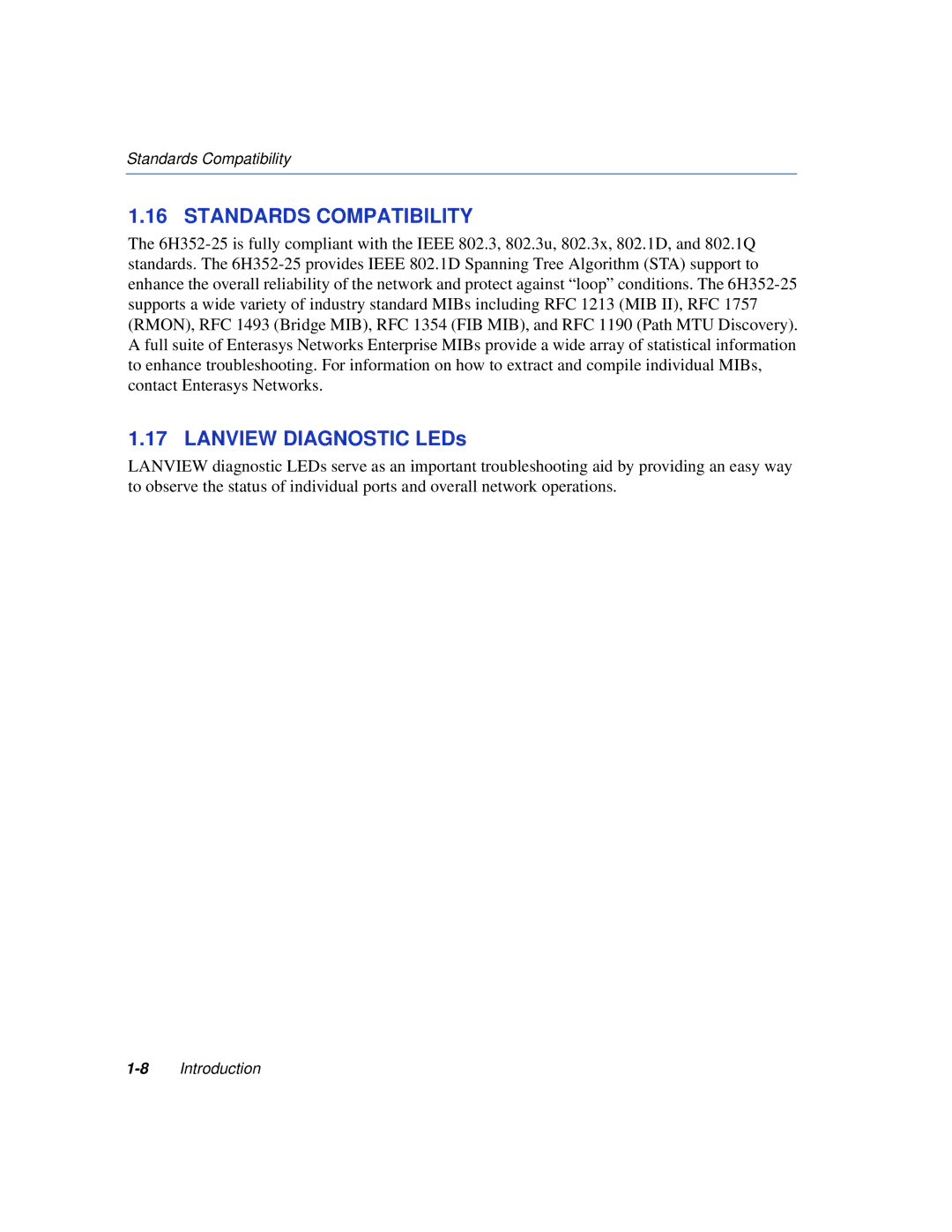 Enterasys Networks 6H352-25 manual Standards Compatibility, Lanview Diagnostic LEDs 