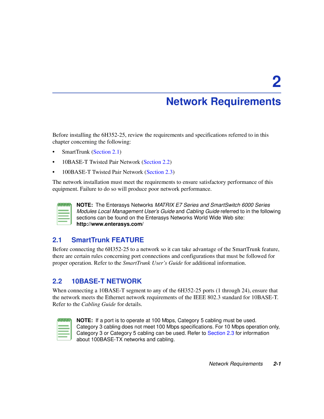 Enterasys Networks 6H352-25 manual Network Requirements, SmartTrunk Feature, 10BASE-T Network 