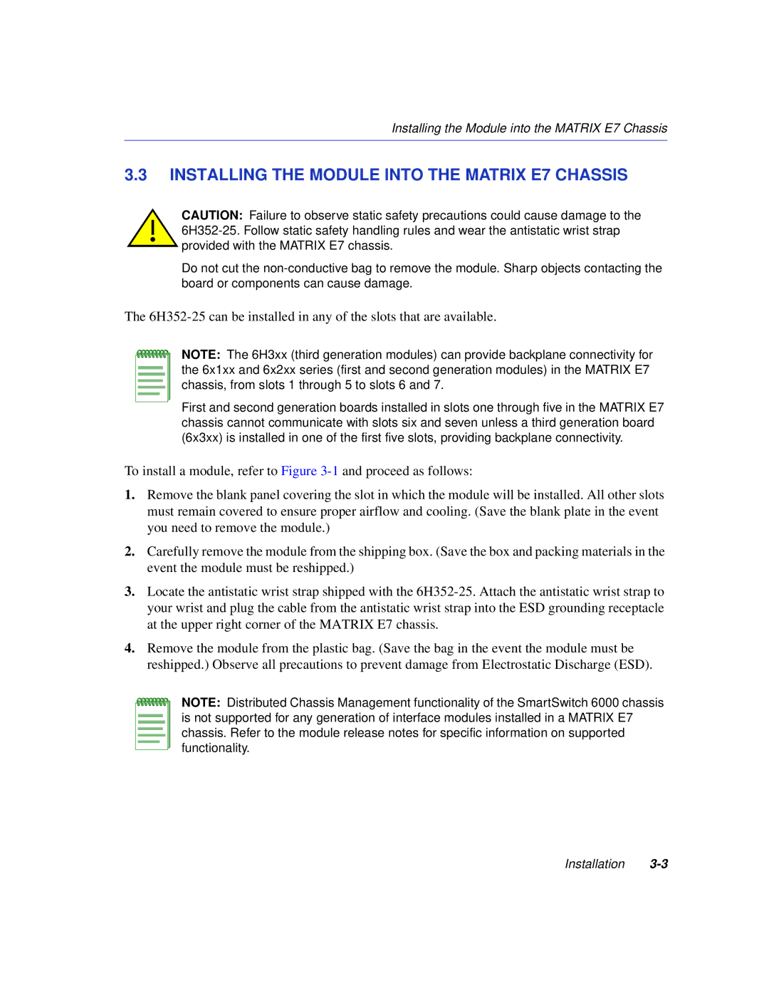 Enterasys Networks 6H352-25 manual Installing the Module Into the Matrix E7 Chassis 