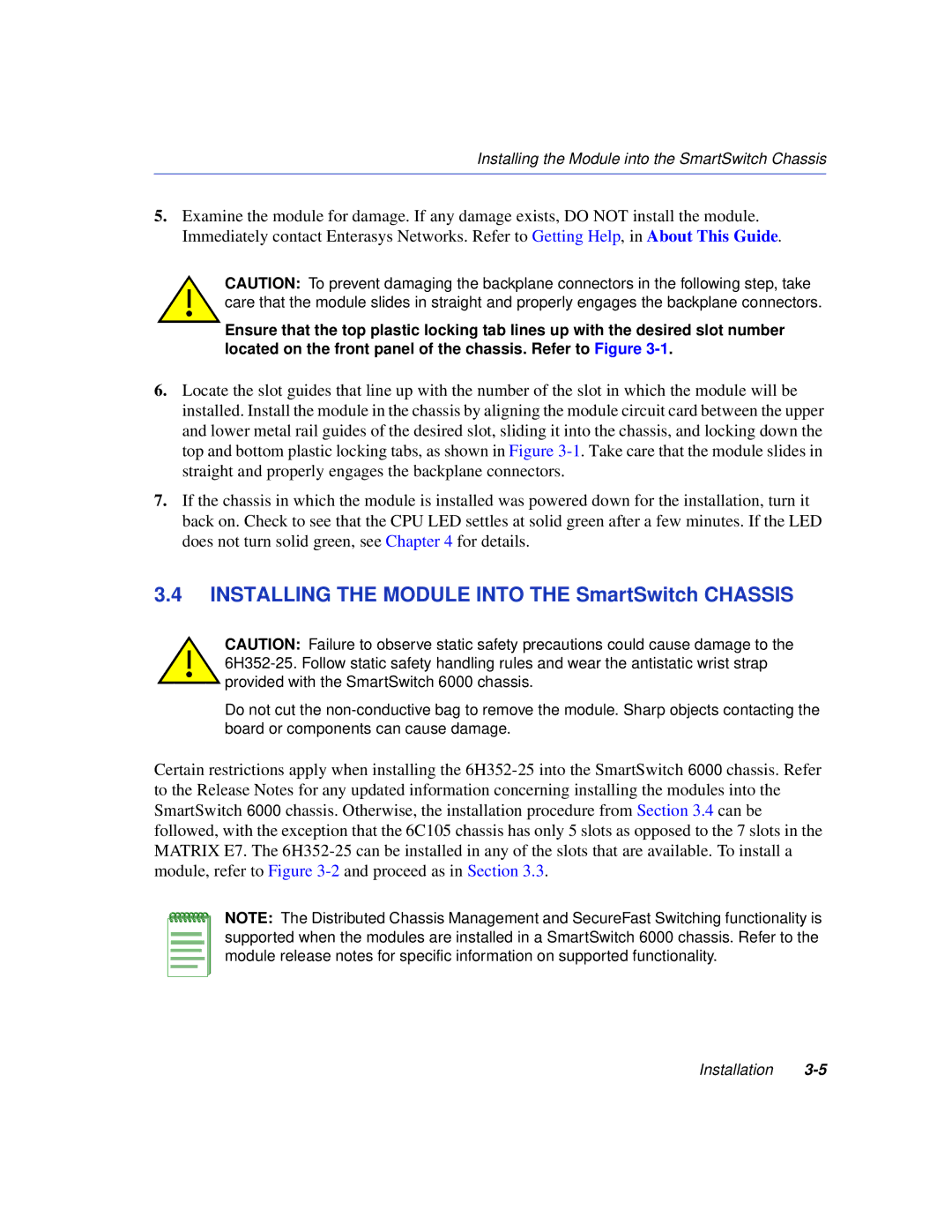 Enterasys Networks 6H352-25 manual Installing the Module Into the SmartSwitch Chassis 