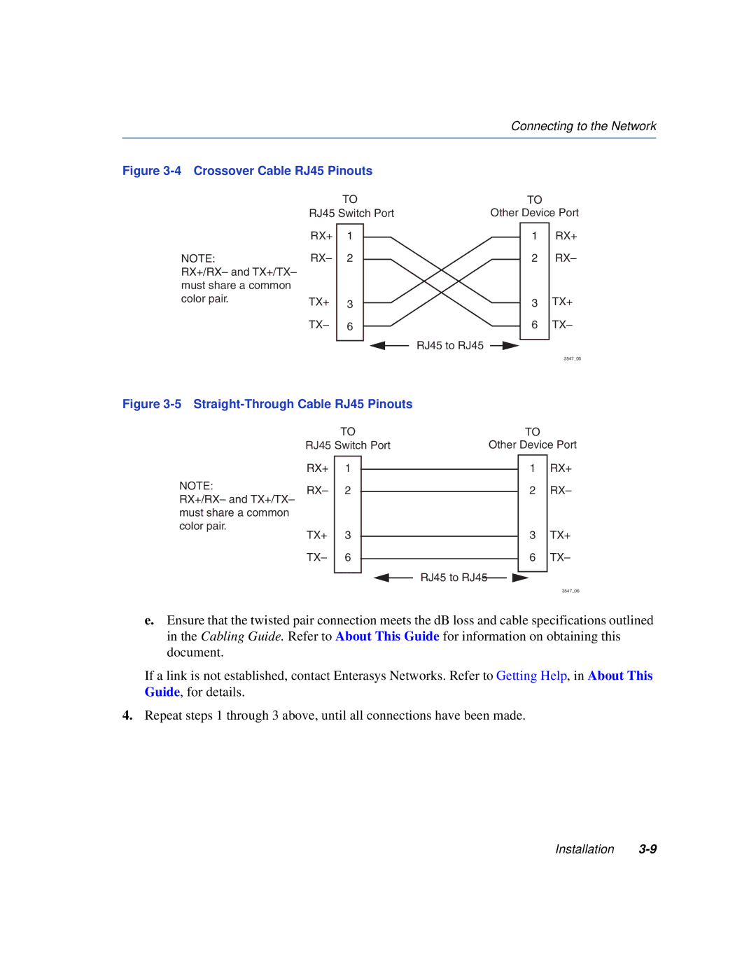 Enterasys Networks 6H352-25 manual Crossover Cable RJ45 Pinouts 