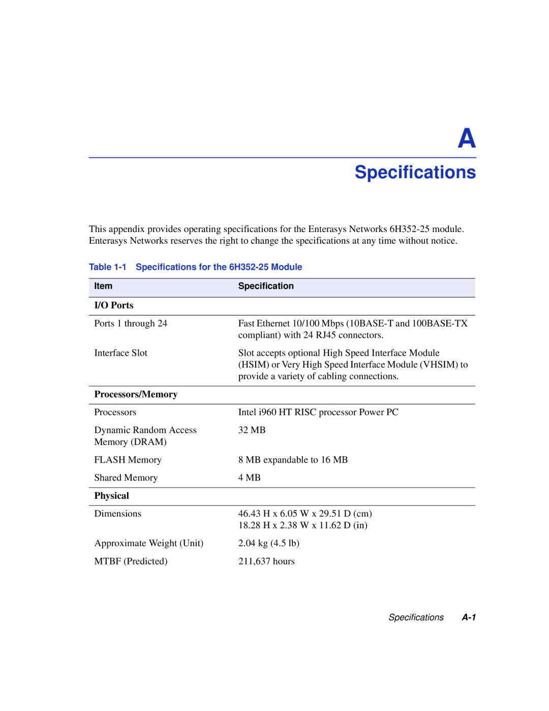 Enterasys Networks 6H352-25 manual Specifications, Ports 