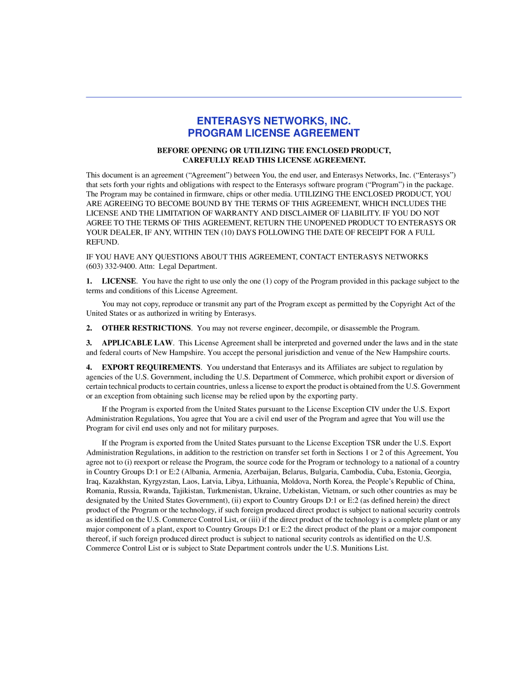 Enterasys Networks 6H352-25 manual Enterasys NETWORKS, INC Program License Agreement 