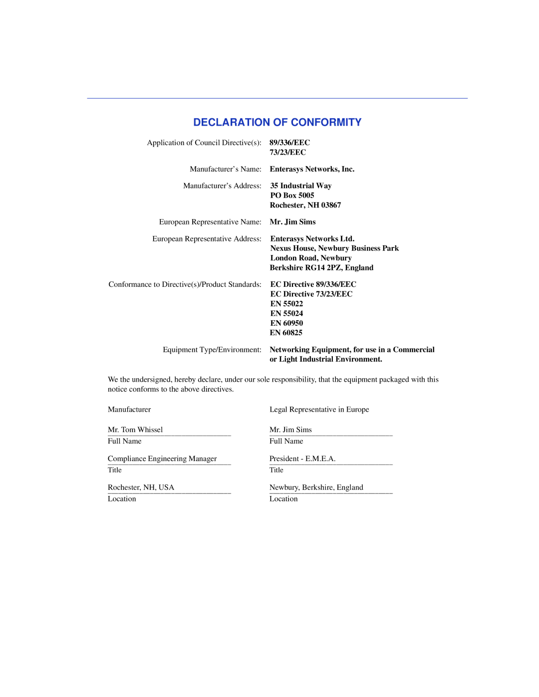 Enterasys Networks 6H352-25 manual Declaration of Conformity 