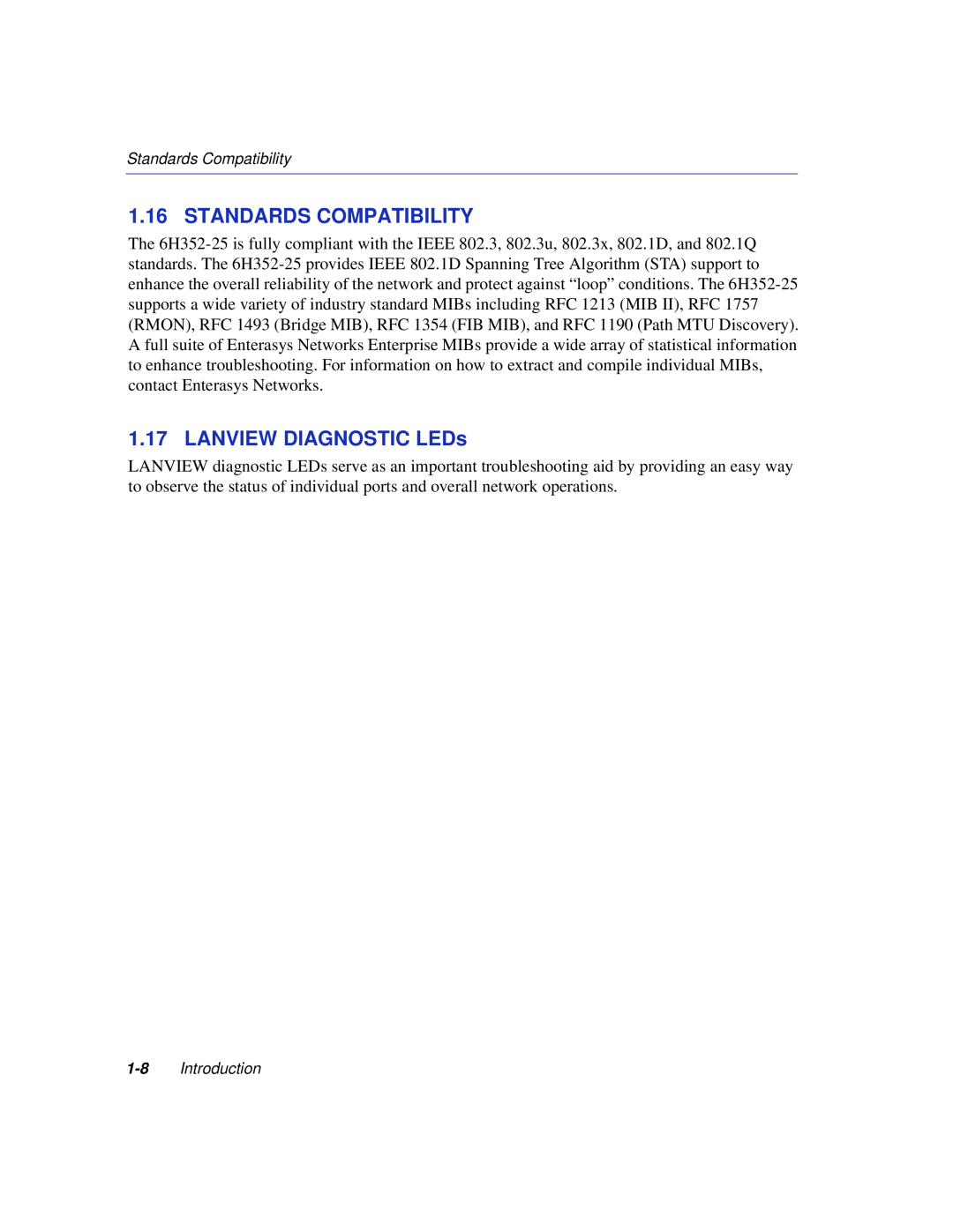 Enterasys Networks 6H352-25 manual Standards Compatibility, LANVIEW DIAGNOSTIC LEDs, Introduction 