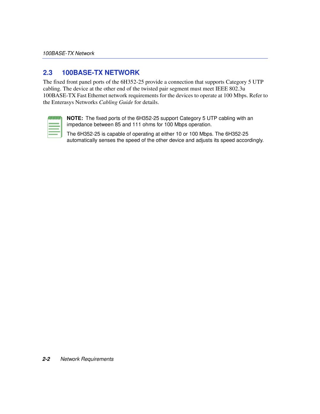 Enterasys Networks 6H352-25 manual 2.3 100BASE-TX NETWORK, 100BASE-TX Network, Network Requirements 