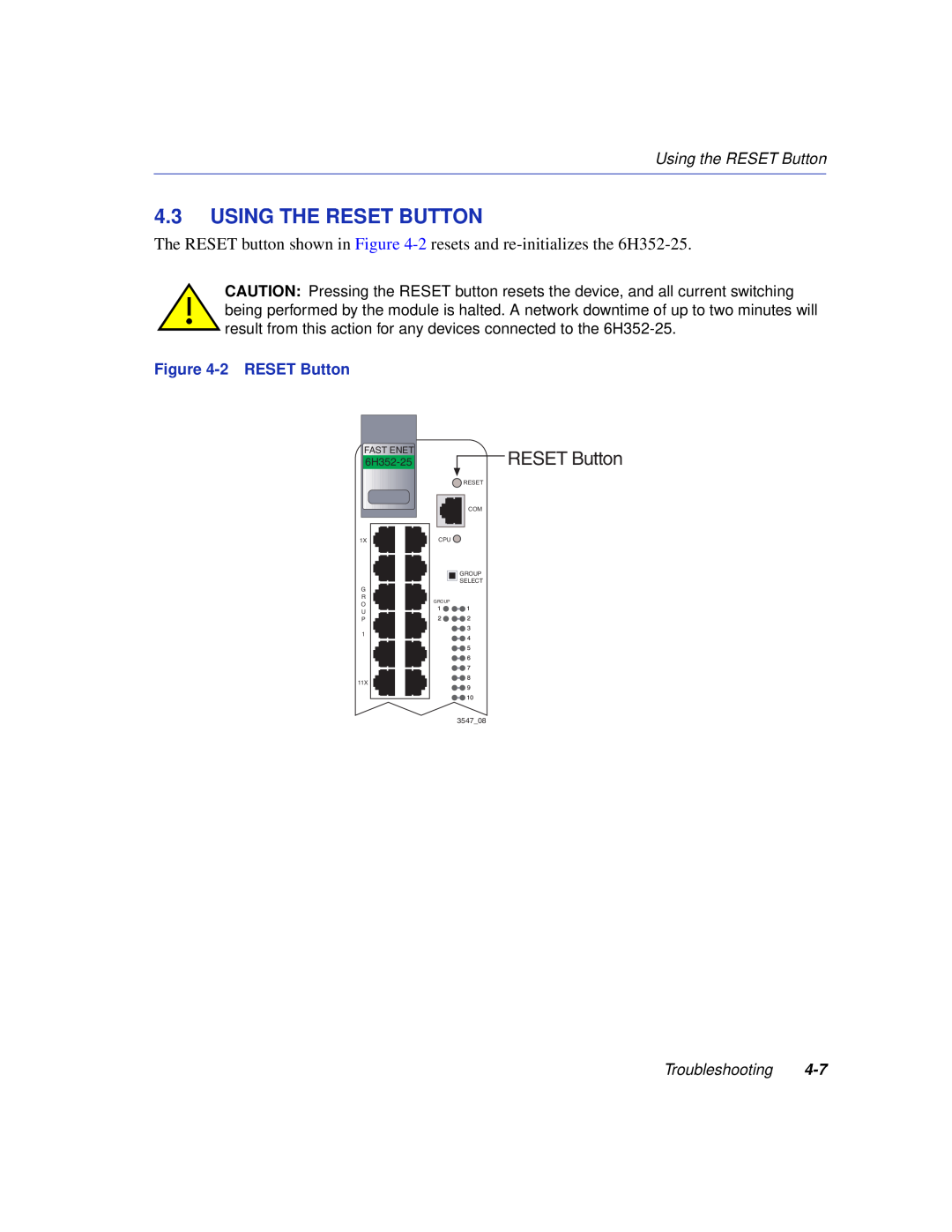 Enterasys Networks 6H352-25 manual Using The Reset Button, Using the RESET Button, 2 RESET Button, Troubleshooting 