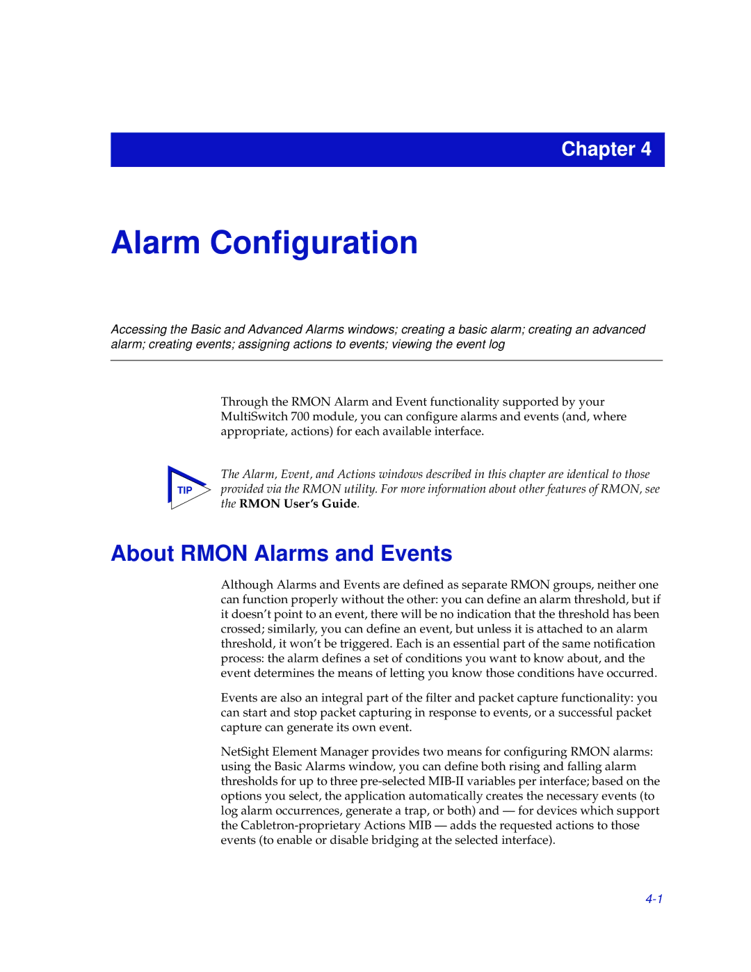 Enterasys Networks 700 manual Alarm Configuration, About Rmon Alarms and Events 