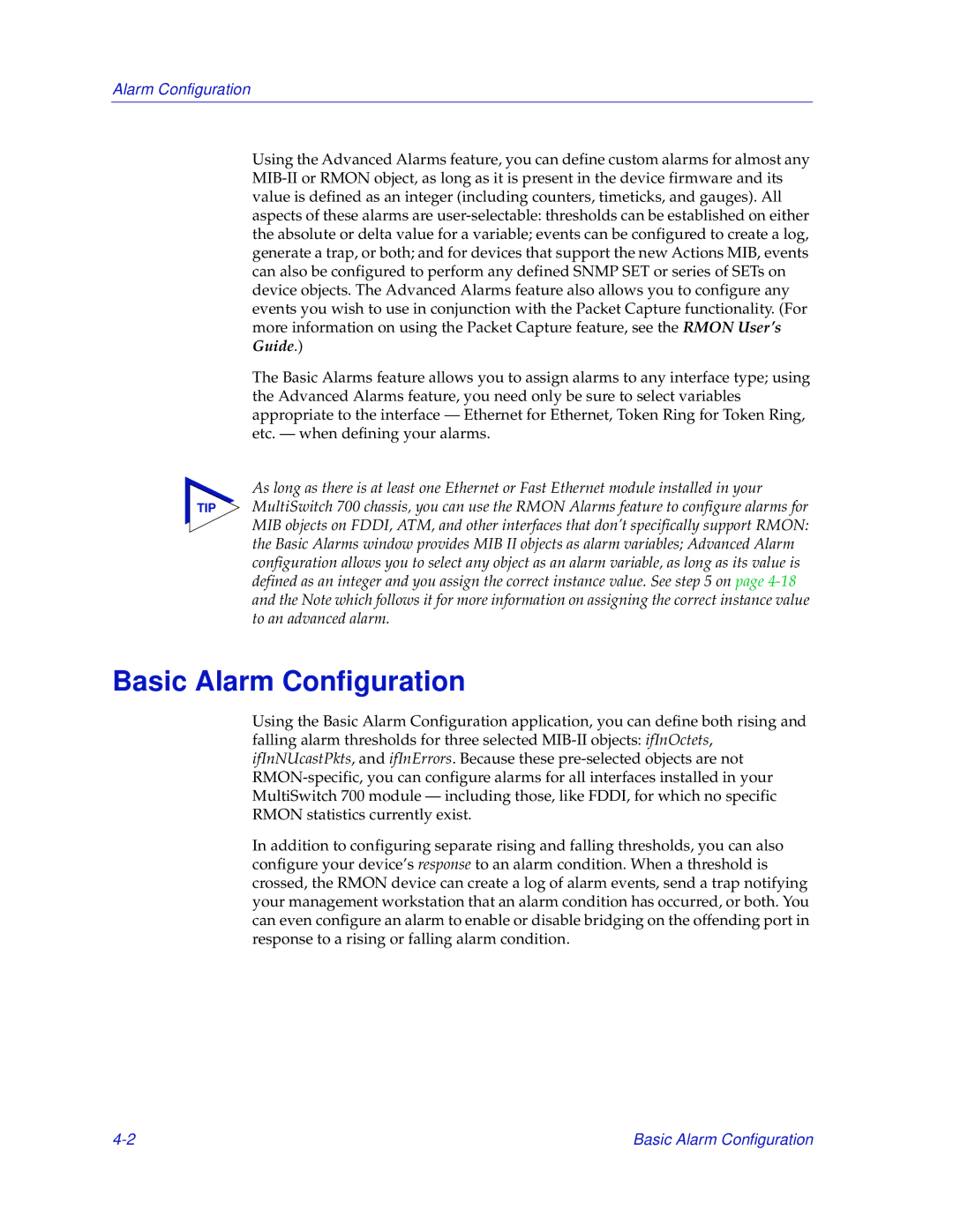 Enterasys Networks 700 manual Basic Alarm Configuration 