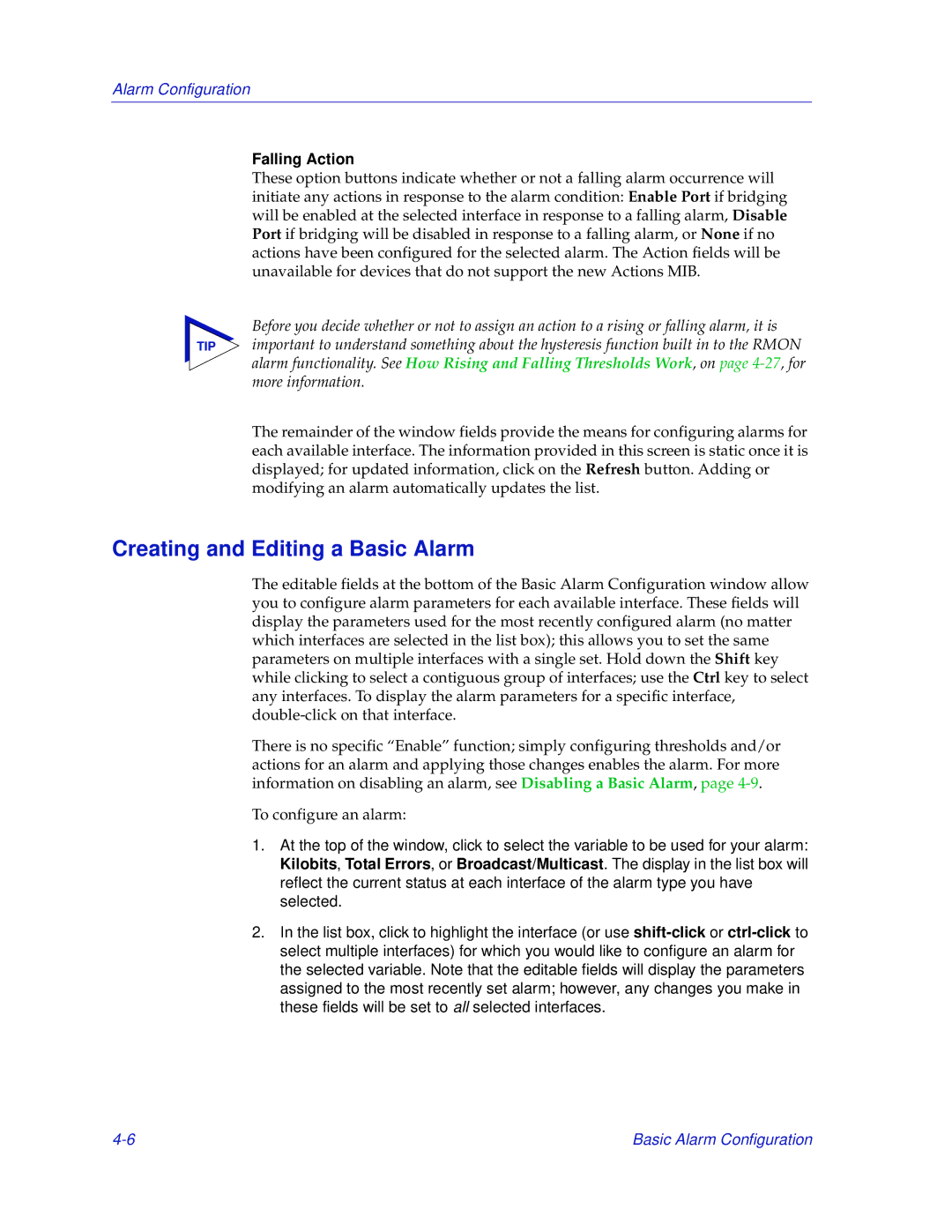 Enterasys Networks 700 manual Creating and Editing a Basic Alarm, Falling Action 