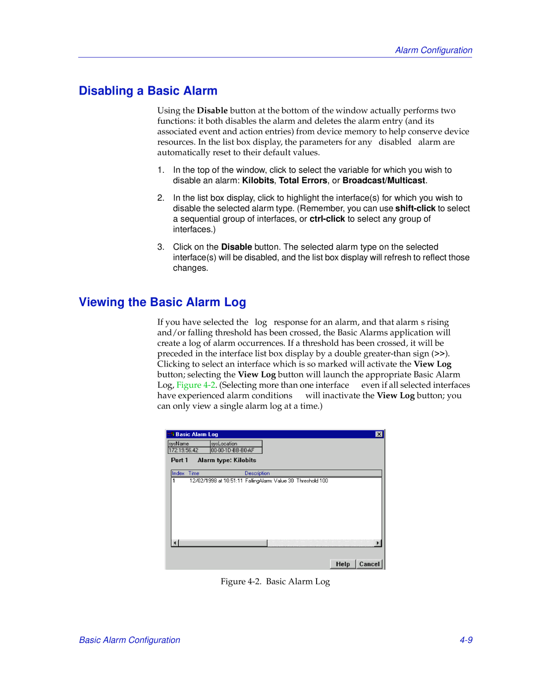 Enterasys Networks 700 manual Disabling a Basic Alarm, Viewing the Basic Alarm Log 